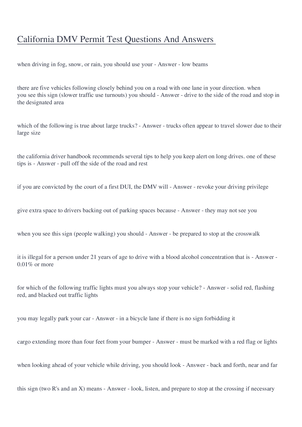 California DMV Permit Test Questions And Answers Browsegrades